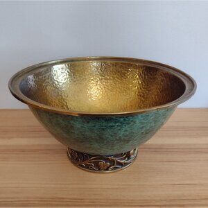Vintage A.N. Oppenheim Israel Hammered Brass Green Enamel Centerpiece Bowl